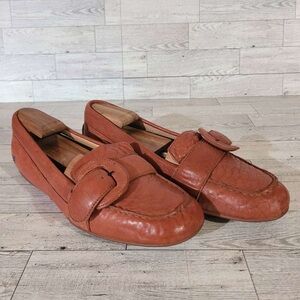 Women's Born Big Buckle Brown Leather Slip On Driver Loafers